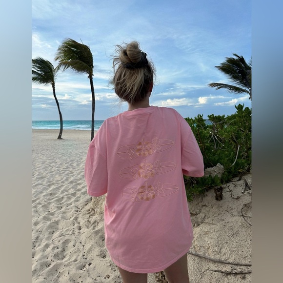 Sunkissed Coconut Surfboard Embroidered Tee- Sherbet Pink - Picture 1 of 12